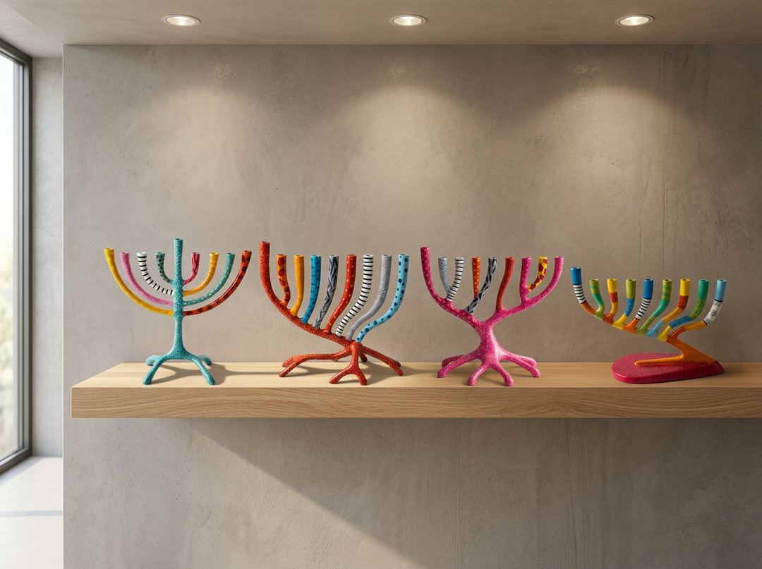 ארבע חנוכיות מארבע הסדרות על מדף עץ, מוארות בתאורה רכה